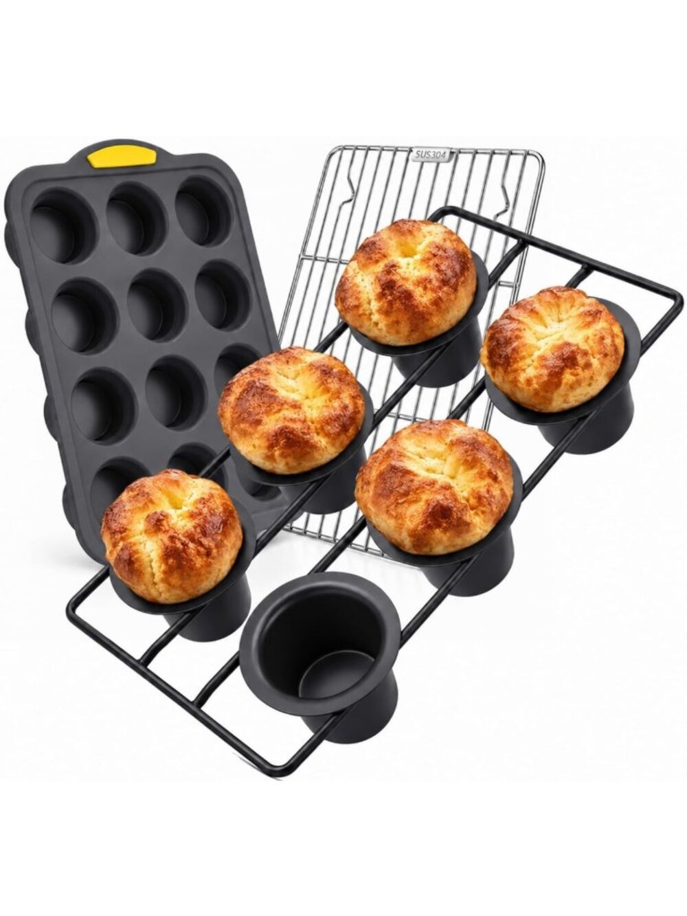 Nonstick 6-Cup Deep Popover & Cruffin Pan Set with Silicone Muffin Pan & Cooling